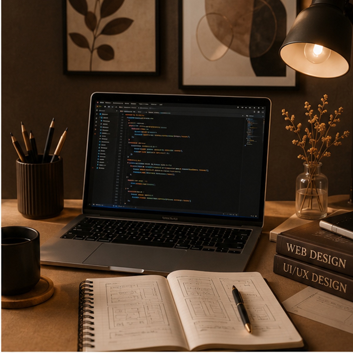 Warm professional software development workspace